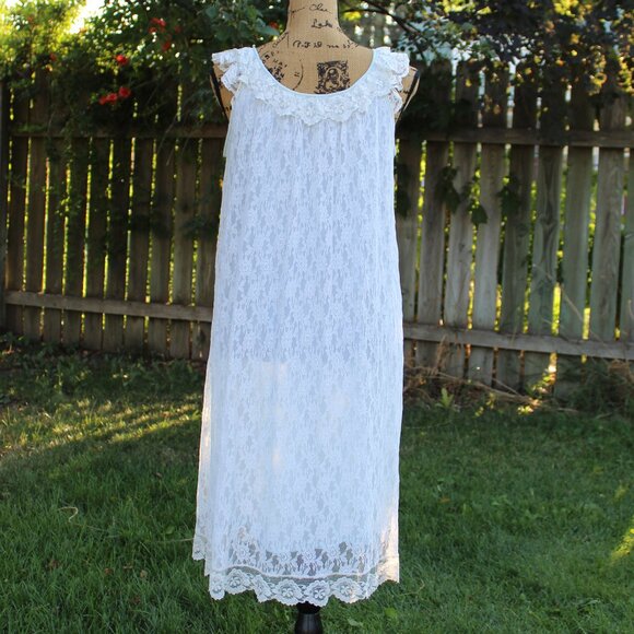Vtg 50s Miss Siren Blue Nylon Ivory Lace Sleeveless Peignoir Nightgown Women's S - Picture 3 of 7